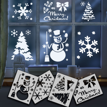 Casa si Gradina - Șablon decor pentru fereastră de Crăciun - 28 x 20,5 cm - 4 tipuri / pachet