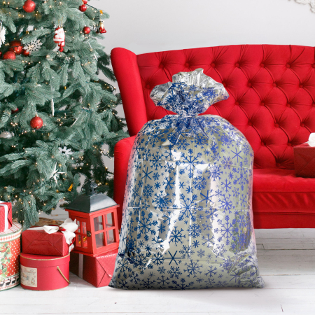 Articole de Sezon, Sarbatori si Evenimente - Săculeț pentru cadouri de Crăciun - extra mare - folie - fulg de zăpadă - 78 x 120 cm