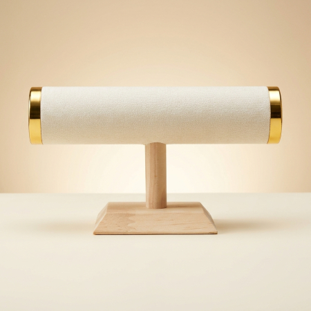 Pentru casa - Suport Expunere Bijuterii Tip T, Crem și Auriu, cu Bază din Lemn, 23 × 8 cm