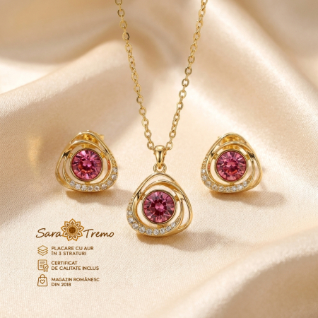 Bijuterii placate cu aur - Set Rosa di Luce cu cristal roz, lanț și cercei aur 14K | SaraTremo