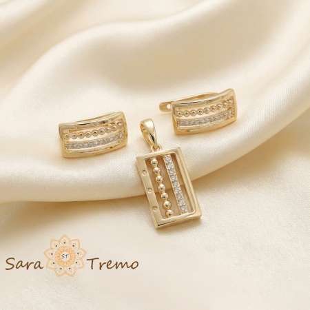 Cercei - Set cercei clasici si pandantiv dreptunghiular cu zirconia - placat 14k