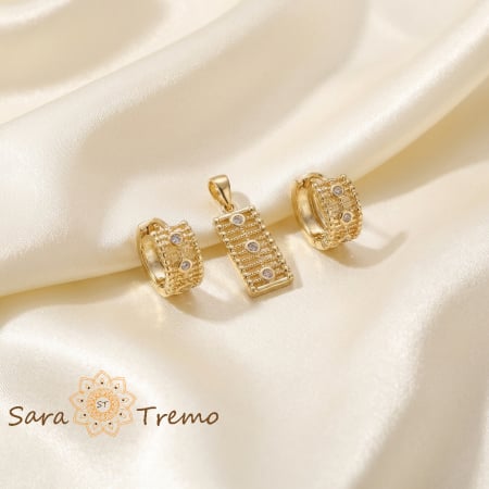 Cercei - Set cercei rotunzi si pandantiv dreptunghiular cu zirconia - placat 14k