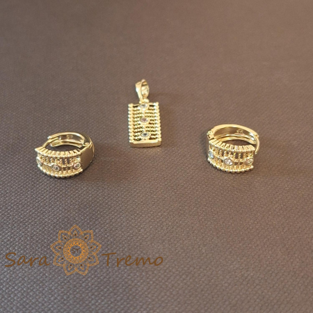 Pandantive - Set cercei rotunzi si pandantiv dreptunghiular cu zirconia - placat 14k