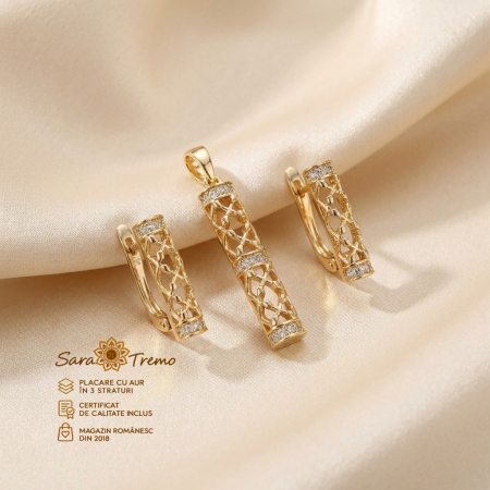 Bijuterii placate cu aur - Set Dantelă cu Diamante – cercei și pandantiv aur 14K | SaraTremo