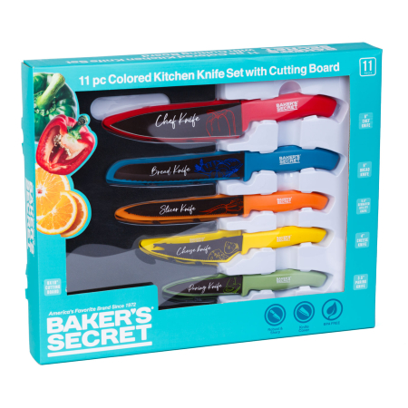 Casa si Gradina - Set cutite bucatarie Baker Secret 11 piese, cutite inox colorate cu protectii lama si tocator