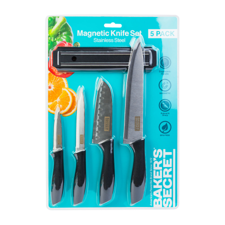 Casa si Gradina - Set cutite bucatarie Baker Secret 5 piese, cutite inox cu suport magnetic perete si maner ergonomic