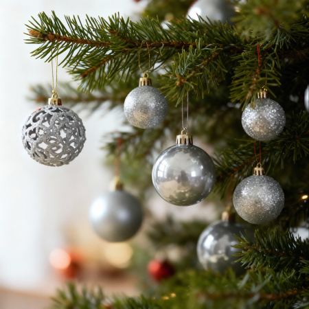 Craciun si Iarna - Set de globuri de Crăciun, 100 globuri si vârf stea, argintiu