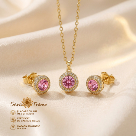 Bijuterii placate cu aur - Set Safir Roz Delicat – cercei și colier aur 14K | SaraTremo