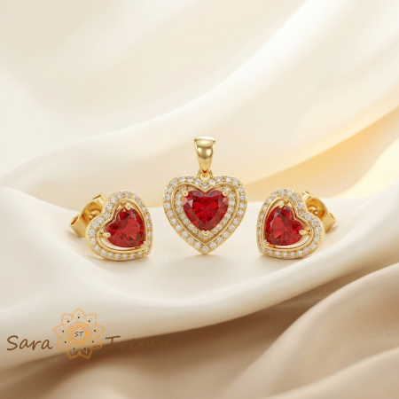 Seturi - Set Inima Pasiunii – Set bijuterii placat cu aur 14K cu cristale zirconia rosii