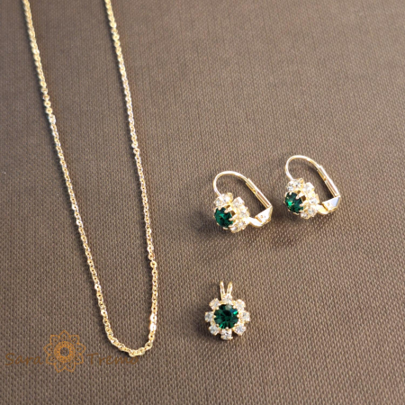 Bijuterii placate cu aur - Set lantisor + pandantiv + cercei placati cu aur cu cristal verde