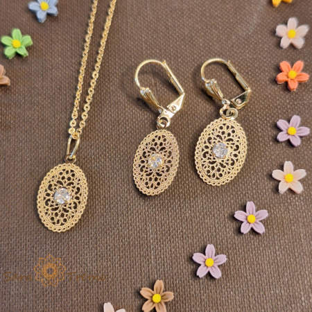 Set lantisor + pandantiv + cercei placati cu aur finisaj dantelat model filigran [3]