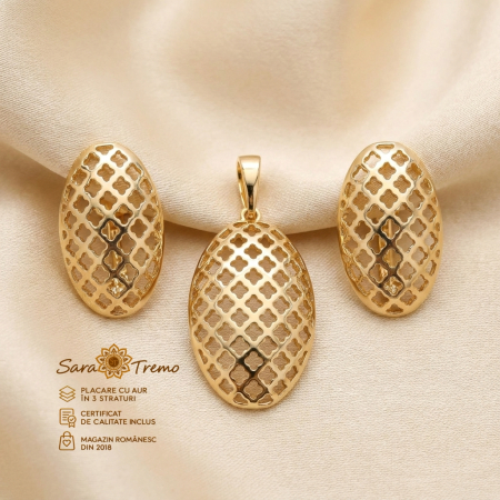 Bijuterii placate cu aur - Set Dantelă Aurie – cercei și pandantiv aur 14K | SaraTremo