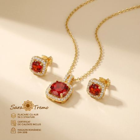 Bijuterii placate cu aur - Set Rubin Regal – cercei, pandantiv și lanț aur 14K | SaraTremo