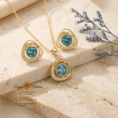Bijuterii placate cu aur - Set Blu di Luce cu zirconia albastră și aur 14K | SaraTremo