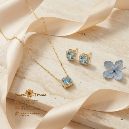 Bijuterii placate cu aur - Set Safir Delicat – cercei, pandantiv și lanț aur 14K | SaraTremo