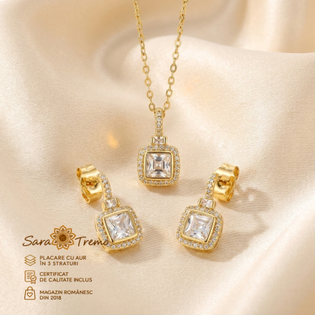 Bijuterii placate cu aur - Set Diamant Regal – cercei, pandantiv și lanț aur 14K | SaraTremo