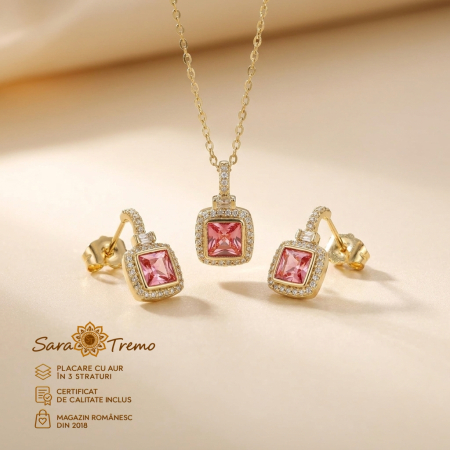 Bijuterii placate cu aur - Set Safir Roz Regal – cercei, pandantiv și lanț aur 14K | SaraTremo