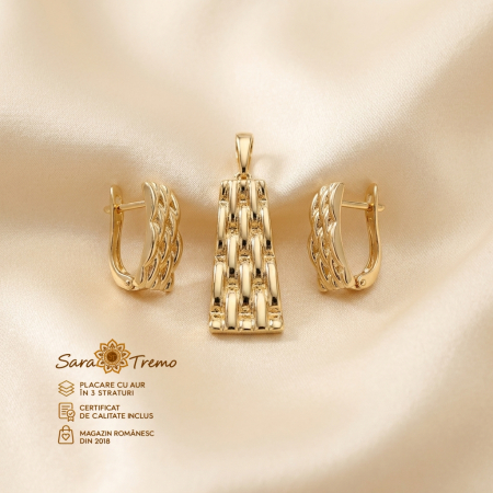 Bijuterii placate cu aur - Set Împletire Aurie – cercei și pandantiv aur 14K | SaraTremo