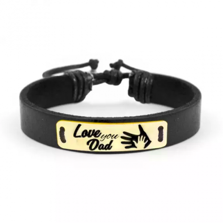 Bratari personalizate - Sole - Bratara personalizata din piele cu tablita din argint 925 placat cu aur galben 24K "Love you Dad"
