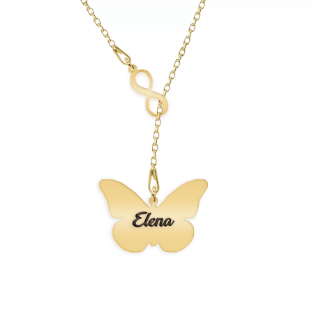 Lantisoare cu nume - Colier personalizat asimetric, Semnul Infinitului si fluturas personalizat - argint 925 placat cu aur 24K