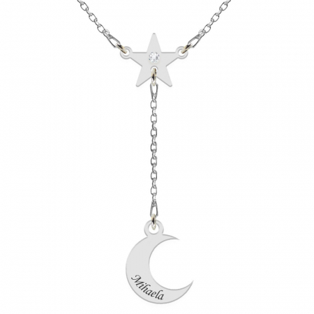 Lantisoare cu text personalizat din argint - Star- Colier din argint personalizat cu cristal  - Stea si luna