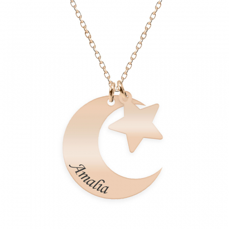 Bijuterii placate cu aur - Stella - Colier din argint 925 palcat cu aur Roz personalizat - Semiluna si Stea