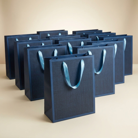Pentru casa - Set 12 Pungi Cadou Mari Bleumarin cu Mânere Satinate Bleu, 32 × 26 cm