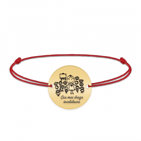 Bijuterii personalizate - Teacher - Bratara personalizata snur educatoare/invatatoare din argint 925 placat cu aur galben 24K