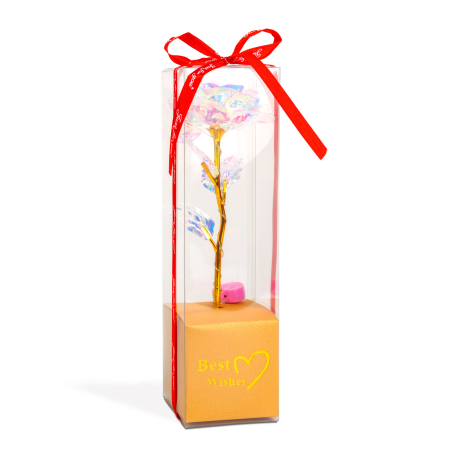 Casa si Gradina - Trandafir artificial cu LED alb 25cm, decor luminos cu tulpina aurie pentru cadou romantic