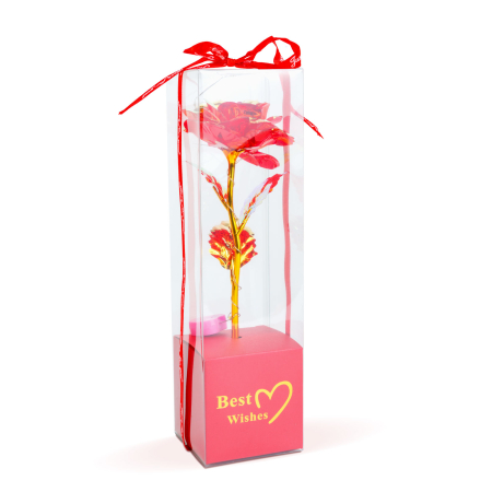 Cadouri romantice si Ziua Indragostitilor - Trandafir artificial cu LED rosu 25cm, decor luminos cu tulpina aurie pentru cadou romantic