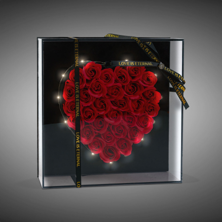 Trandafiri artificiali inima cu LED in cutie cadou 29x29cm, decor romantic Valentine aniversare cu l [1]