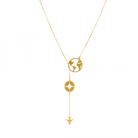 Bijuterii placate cu aur - Travel - Colier personalizat busola si avion din argint 925 placat cu aur galben 24K