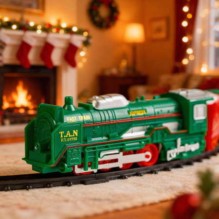 Iluminat Exterior si Solar - Trenuleț de Crăciun iluminat cu baterii, 3 trasee diferite, 19 piese, locomotivă și vagoane, joc fes