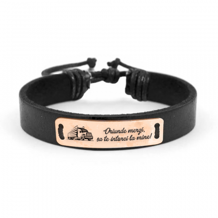Bratari personalizate - Truck Driver - Bratara personalizata piele cu tablita pentru soferi din argint 925 placat cu aur roz
