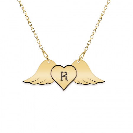 Lantisoare cu nume - Colier personalizat cu aripi si inimioara din argint 925 placat cu aur galben 24K