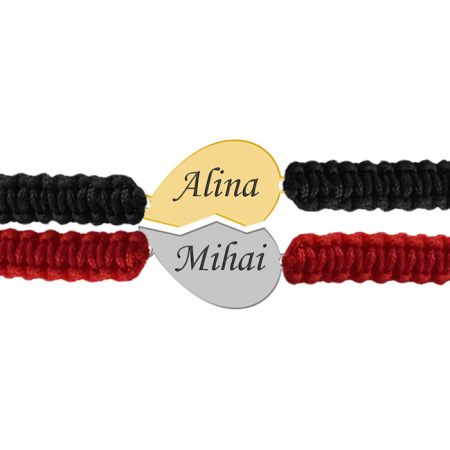 Bijuterii de cuplu si familie - Set bratari snur impletit personalizate din argint inimioara pentru cuplu cu nume
