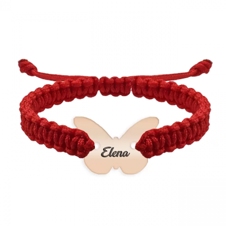 Bratari personalizate argint - secundar - Bratara personalizata snur impletit fluturas si nume gravat din argint 925 placat cu aur roz