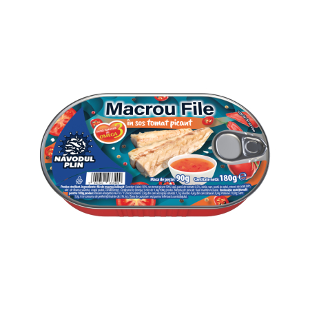Conserve pește - NAVODUL PLIN File de macrou in sos tomat picant 180g
