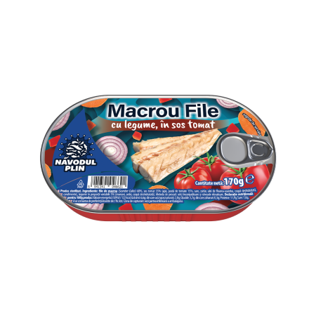 Conserve pește - NĂVODUL PLIN Macrou file cu legume în sos tomat 170g