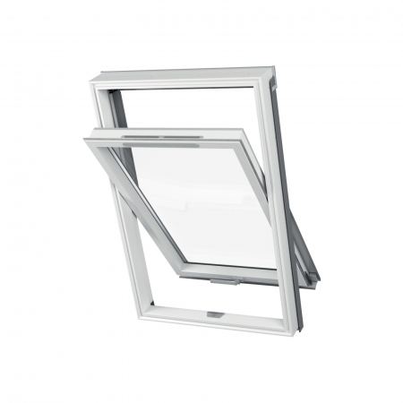 FERESTRE MANSARDA - Fereastra mansarda Dakea KPV B900 din PVC cu articulatie mediana, profil ranforsat din otel, coeficient termic 1.3 W/m2k, clapeta de ventilatie, geam unicameral cu 2 foi de sticla.