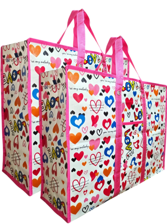 Articole ambalare - Set 2 sacose rafie,BIGBAG color pink happy,MDY,manere consolidate,buzunar lateral,fermoar dublă închidere,60X45X20 cm - MDY
