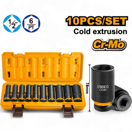 Scule si unelte - Set, trusa chei tubulare de impact, lungi, 1/2", 10pcs CR-MO
