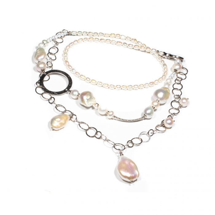 "Asymmetrical Order" Silver Necklace with Cultured Pearls [2]