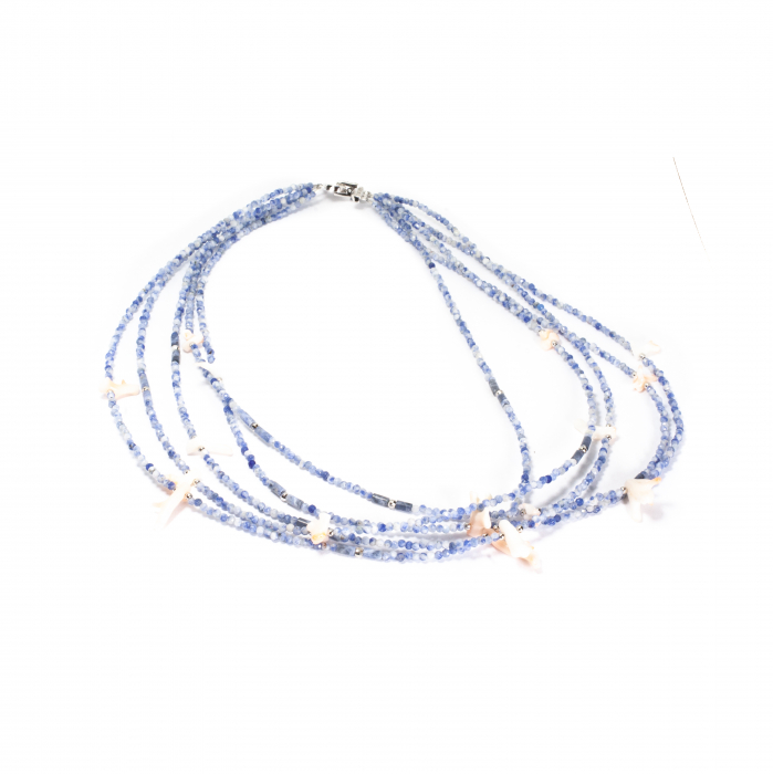"Blush Beneath the Waves" Sodalite and Coral Necklace with Silver [2]