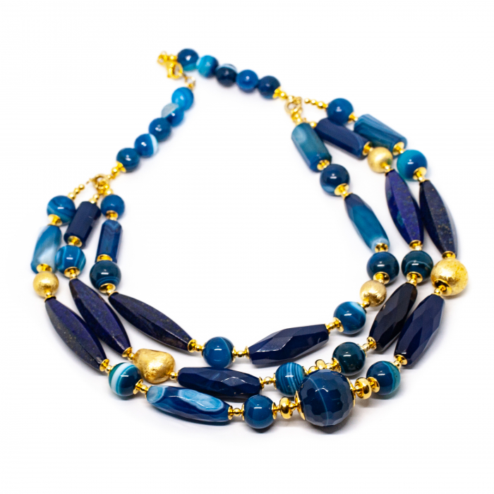 Colier " Pillars of The Sky" cu Lapislazuli, Agat si Argint Aurit [2]