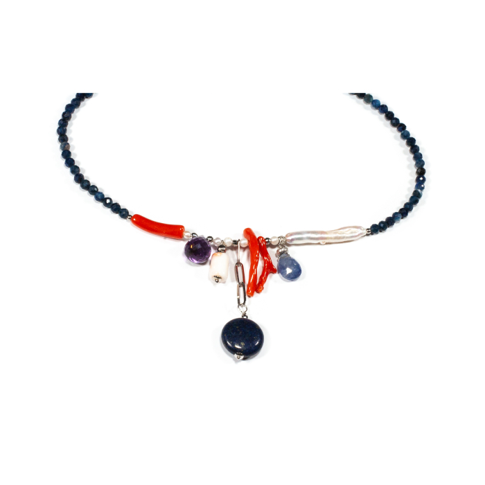 Colier din Lapis Lazuli, Iolit, Coral, Perla de Cultura si Ametist cu Argint [2]