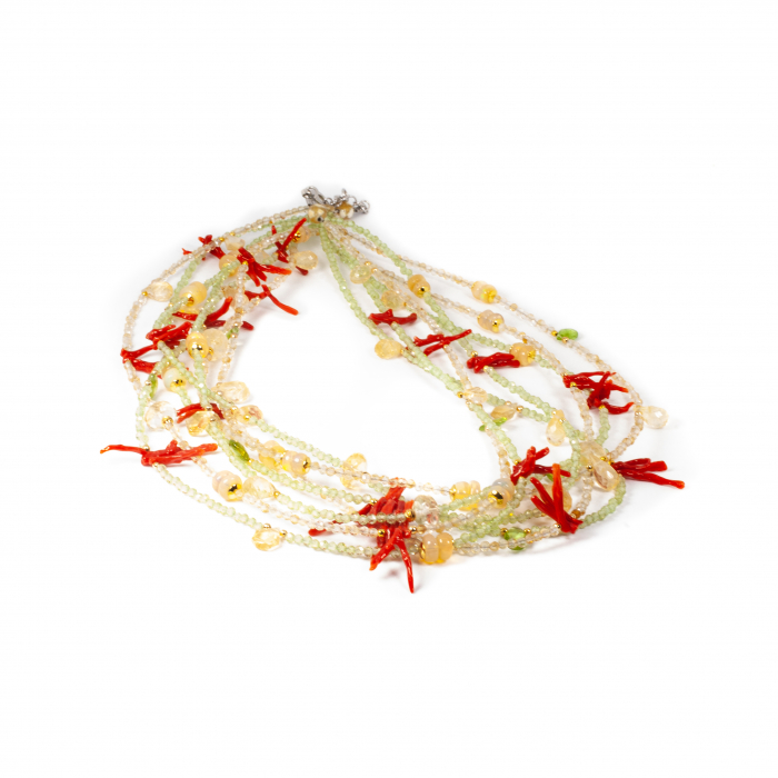 Colier "Tides of Citrine and Coral" din Peridot, Coral, Opal si Citrin [3]