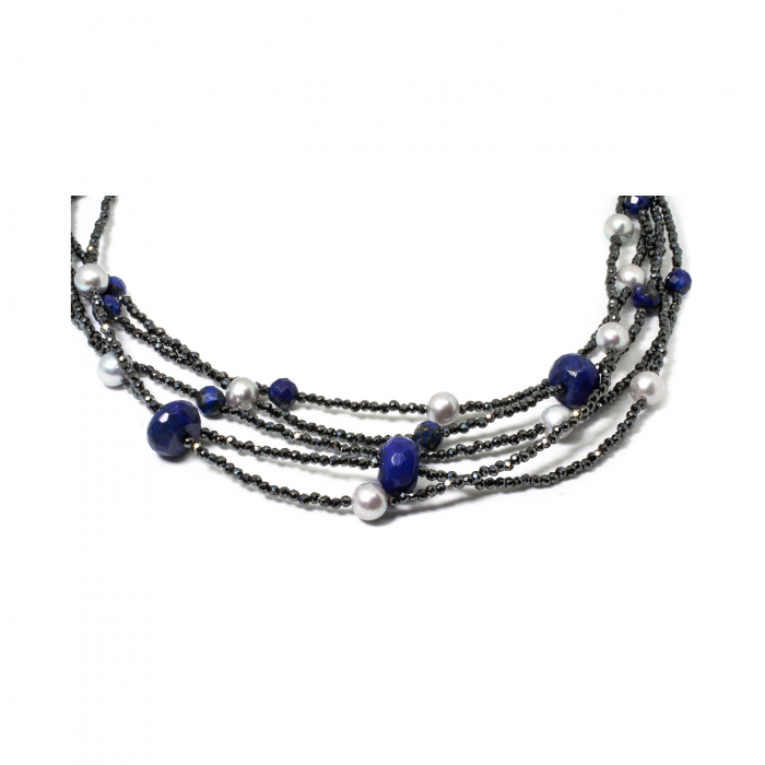"Shining Star" Necklace with Hematite, Gray Pearl, and Lapis Lazuli [2]