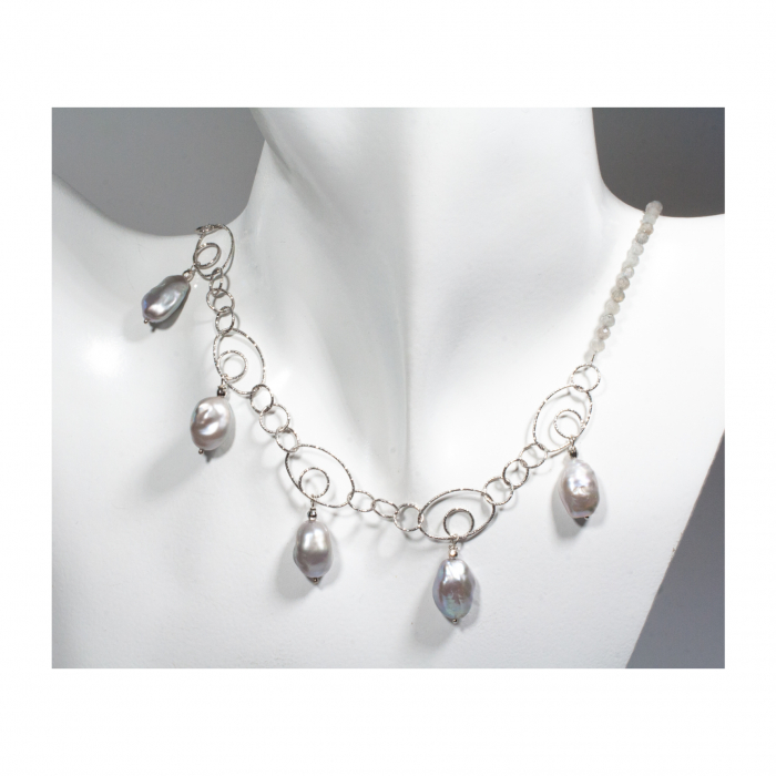 "Asymmetrical Order" Silver Necklace with Cultured Pearls [3]