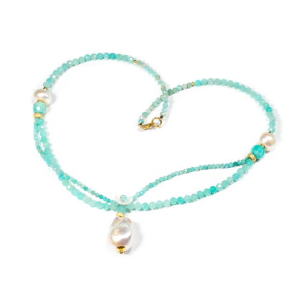 Coliere - Colier din Amazonit, Perlă Baroc si Perle de Cultură cu Argint